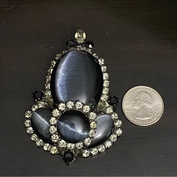 Stunning Vintage Black Cat Eye Moonstone Large Heavy Revival Brooch 66.5g - Picture 10 of 12